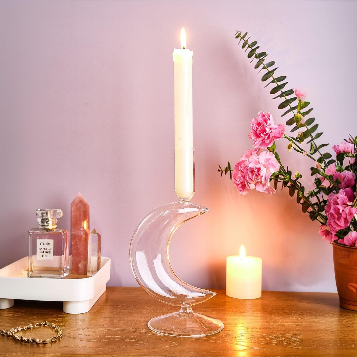 Creative Simple Crescent Moon Shape Transparent Glass Candle Holder, 8.3x4.4 Inch Warm Dinner Long Stick Candle Stand, Home Decor, Decoration Items