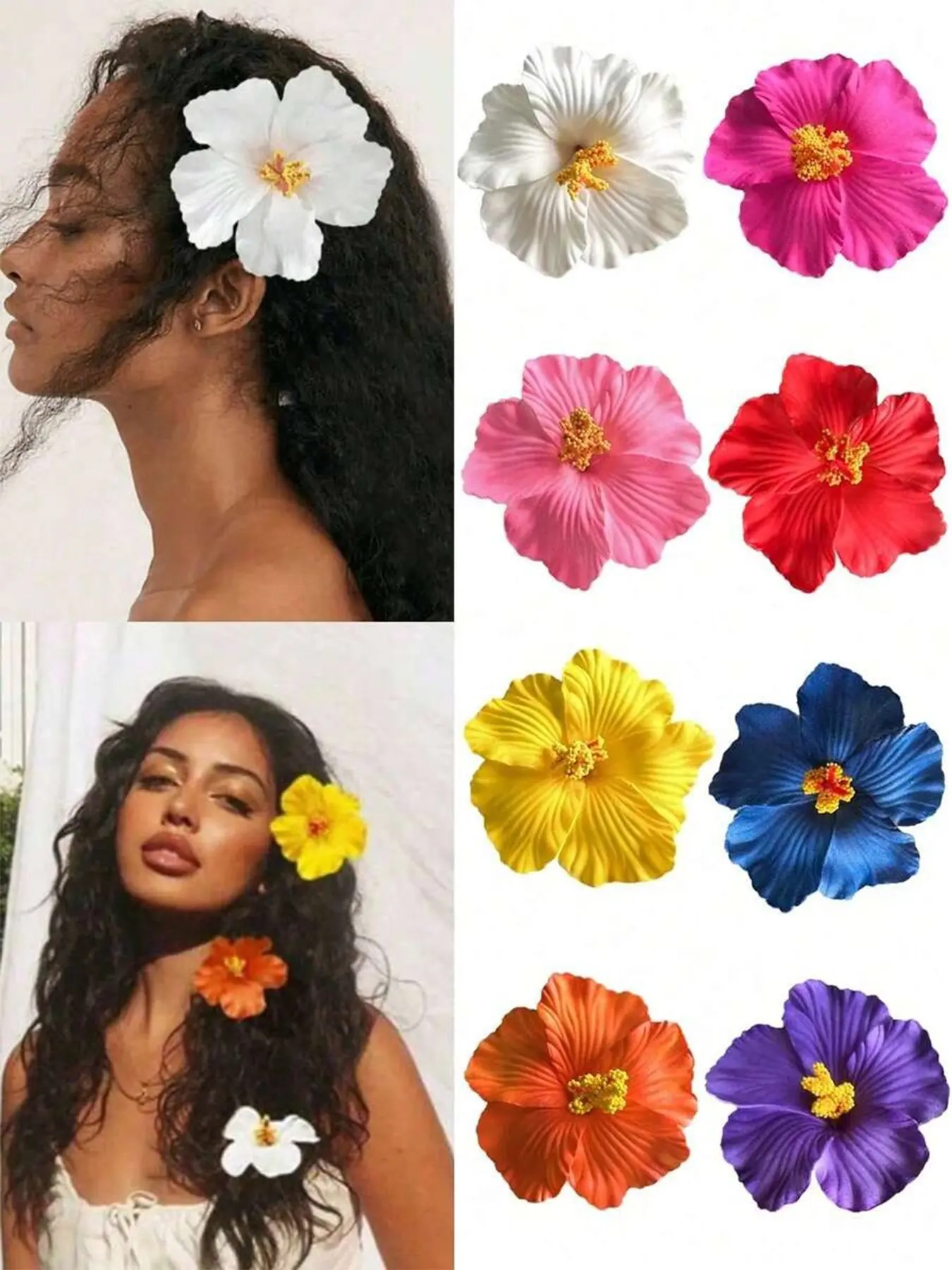 8 Pcs Tropical Hibiscus Hair Clips Set, Bohemian Style Multi-Color Artificial Flowers, Ideal for Summer Beach Party, Wedding Gift, Valentine's Day