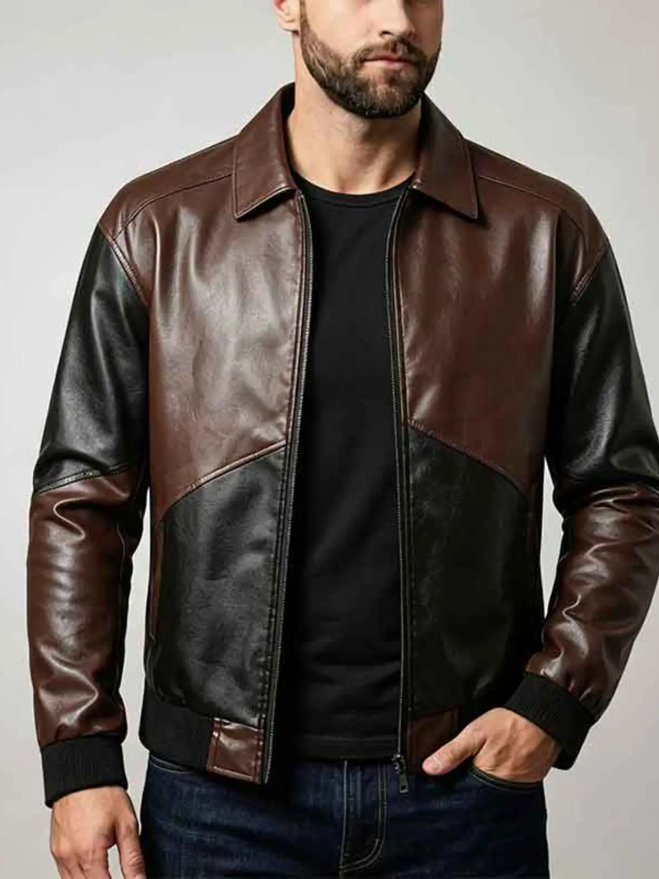 Men's Colorblock PU Pilot Jacket, Vintage American Street Style, Lapel Zipper Ribbed Hem, Daily Commute Outdoor Wear, Men's Fashion Outerwear