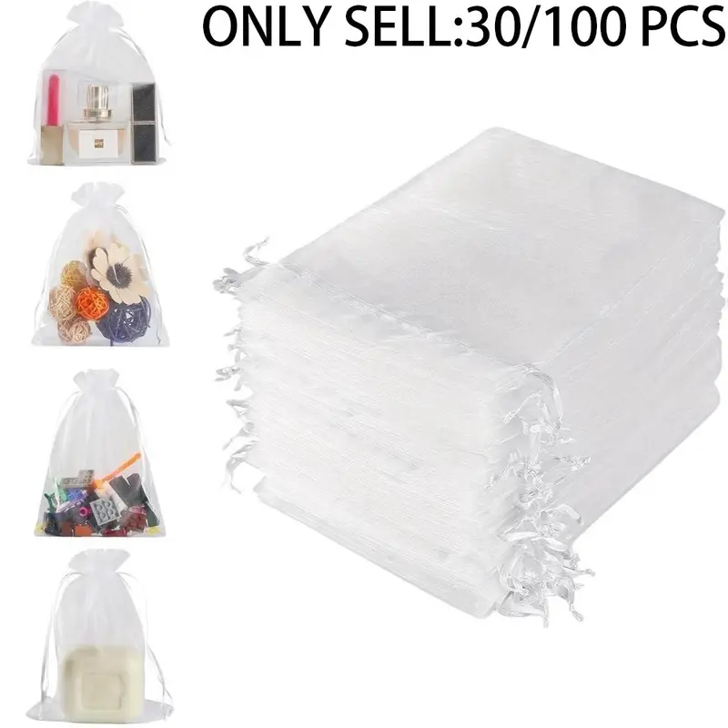 Solid Color Mesh Bag with Rope (30pcs/100pcs), Jewelry Storage Bag, Wedding Party Gift Bag, Reusable Gift Wrap, Household Bag for Daily Use Gift Wrapping Supplies