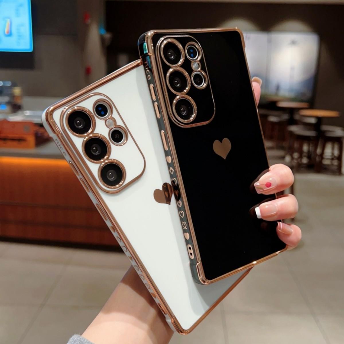 Electroplated Solid Heart Phone Case Cover for Samsung Galaxy S26 S25 S24 S23 S22 S20 Fe S21 Ultra S22 Plus, Multiple Colors Available