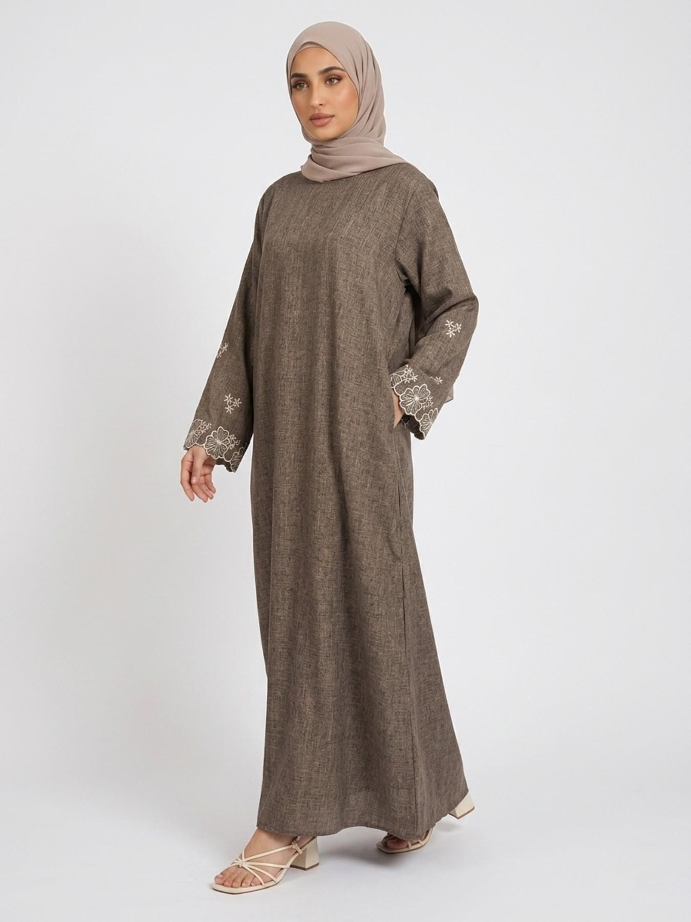 Elegant Embroidered Abaya Maxi Dress, Linen-Like Fabric, Pockets & Belt Included, Perfect for Special Occasions, Women's Fashion Muslim Clothing, Islamic Modesty Clothes