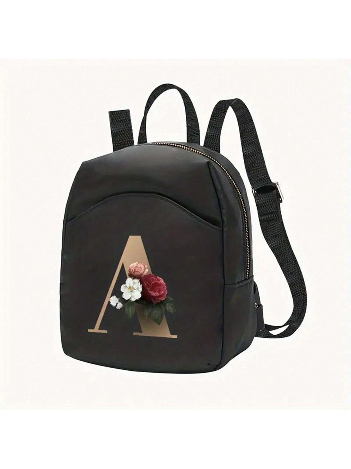 Fashion Floral Letter Backpack, Perfect for Casual Travel and School, Small Floral Letter Print, Convenient Zipper, Daily Use, Shopping and Groceries
