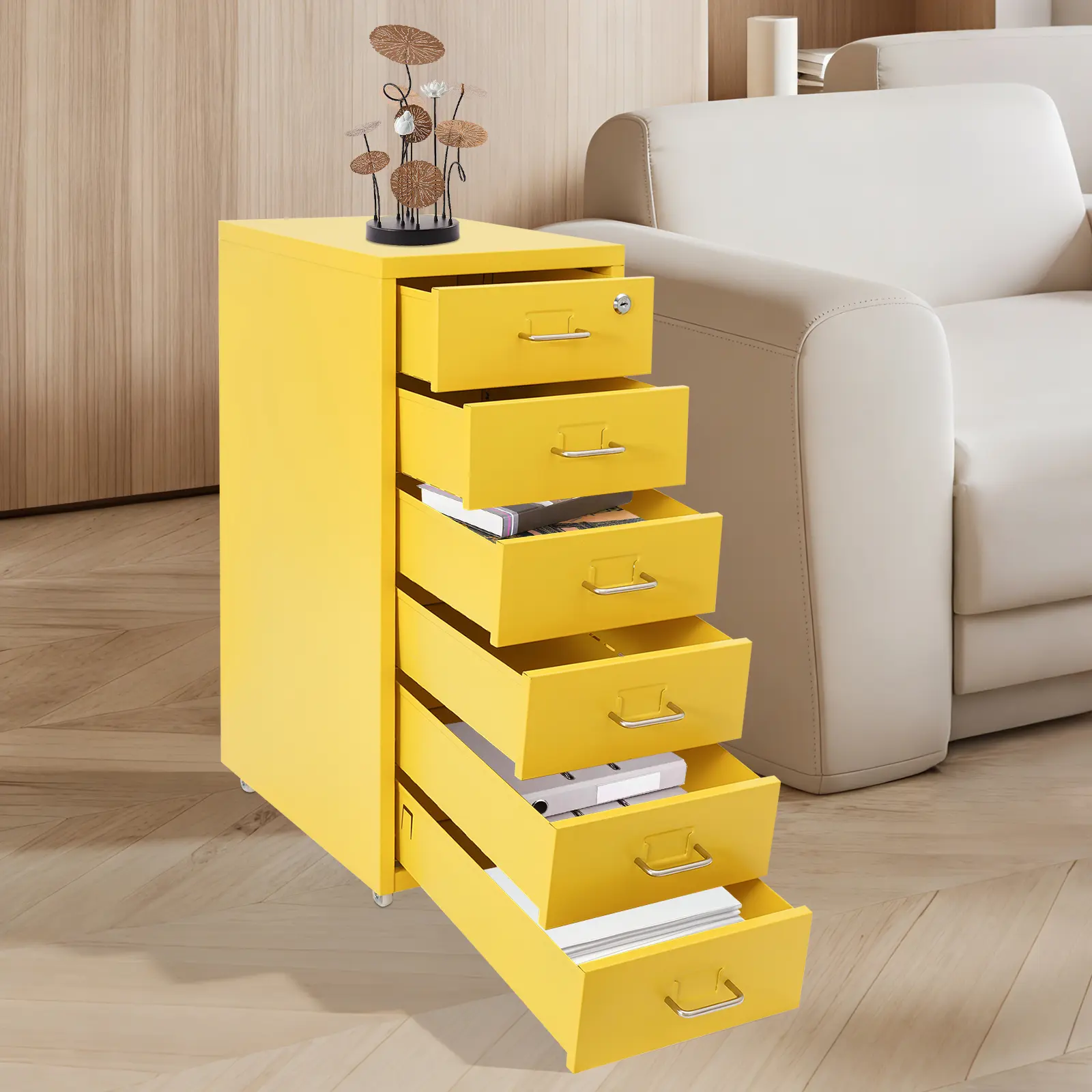 6-Drawer Metal File Cabinet with Lock, Wheels Fitted, Rectangular Form – Metal Cabinet Storage for Office Use, Modern Home Decor, Requires Setup