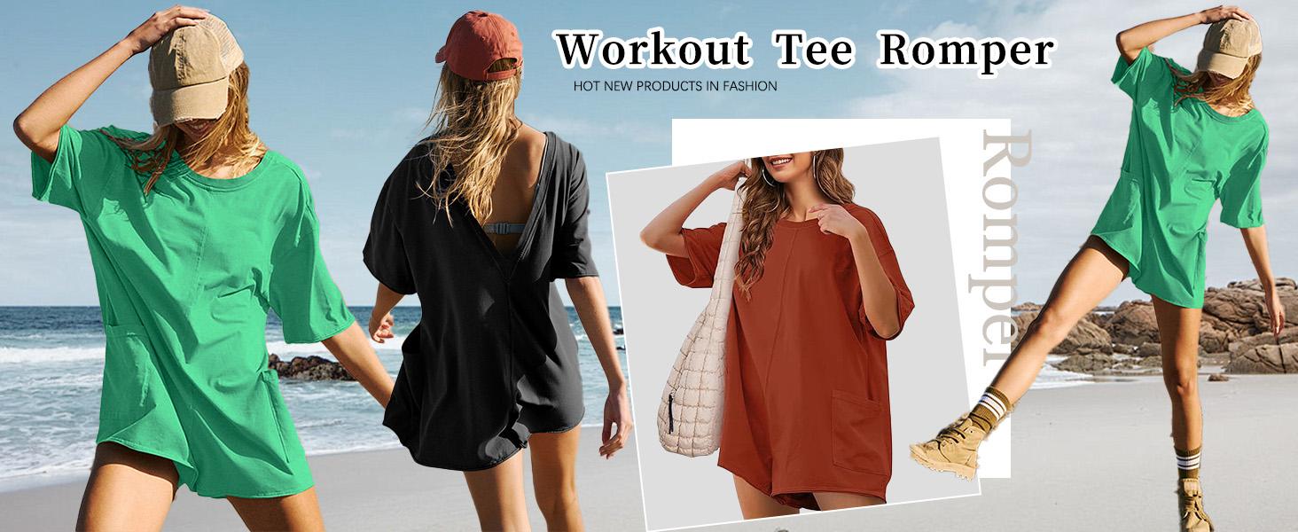 SCUSTY Womens Oversized Rompers Back V Neck Jumpsuits Casual Athletic Workout Tee Onesie Activewear