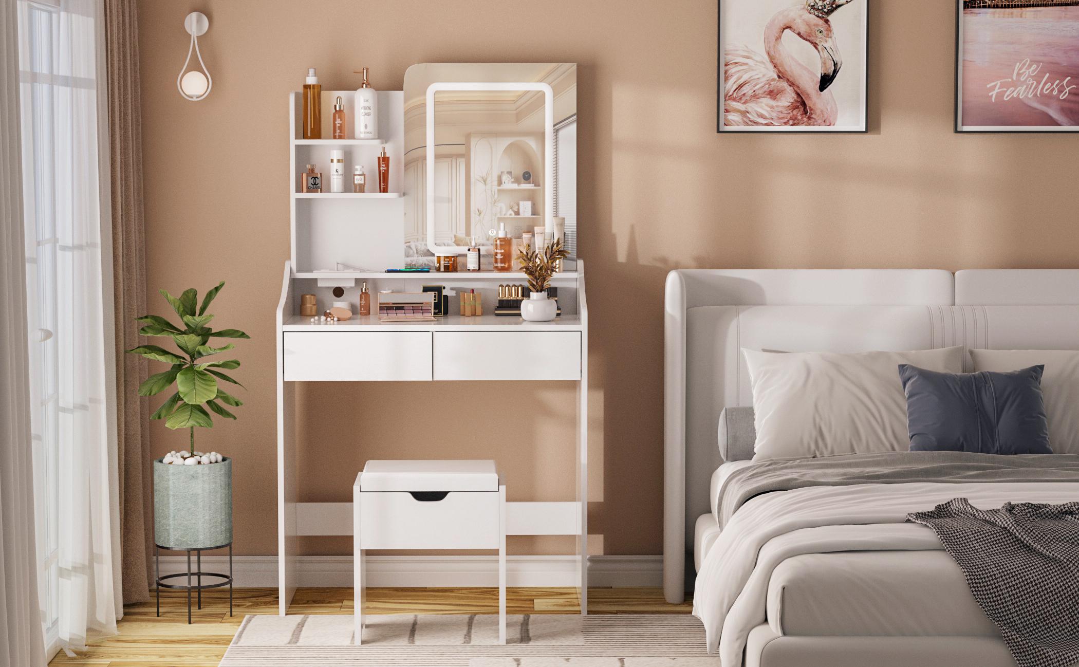 Vabches Vanity Desk with LED Light Mirror and Charging Station 30.3in, Small Vanity Set with 4 Storage Shelves 2 Drawers, Vanity for Girls Women with Storage Stool, Vanity Table for Bedroom