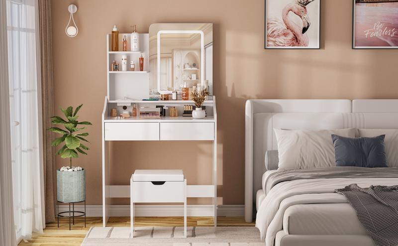 Vabches Vanity Desk with LED Light Mirror and Charging Station 30.3in, Small Vanity Set with 4 Storage Shelves 2 Drawers, Vanity for Girls Women with Storage Stool, Vanity Table for Bedroom