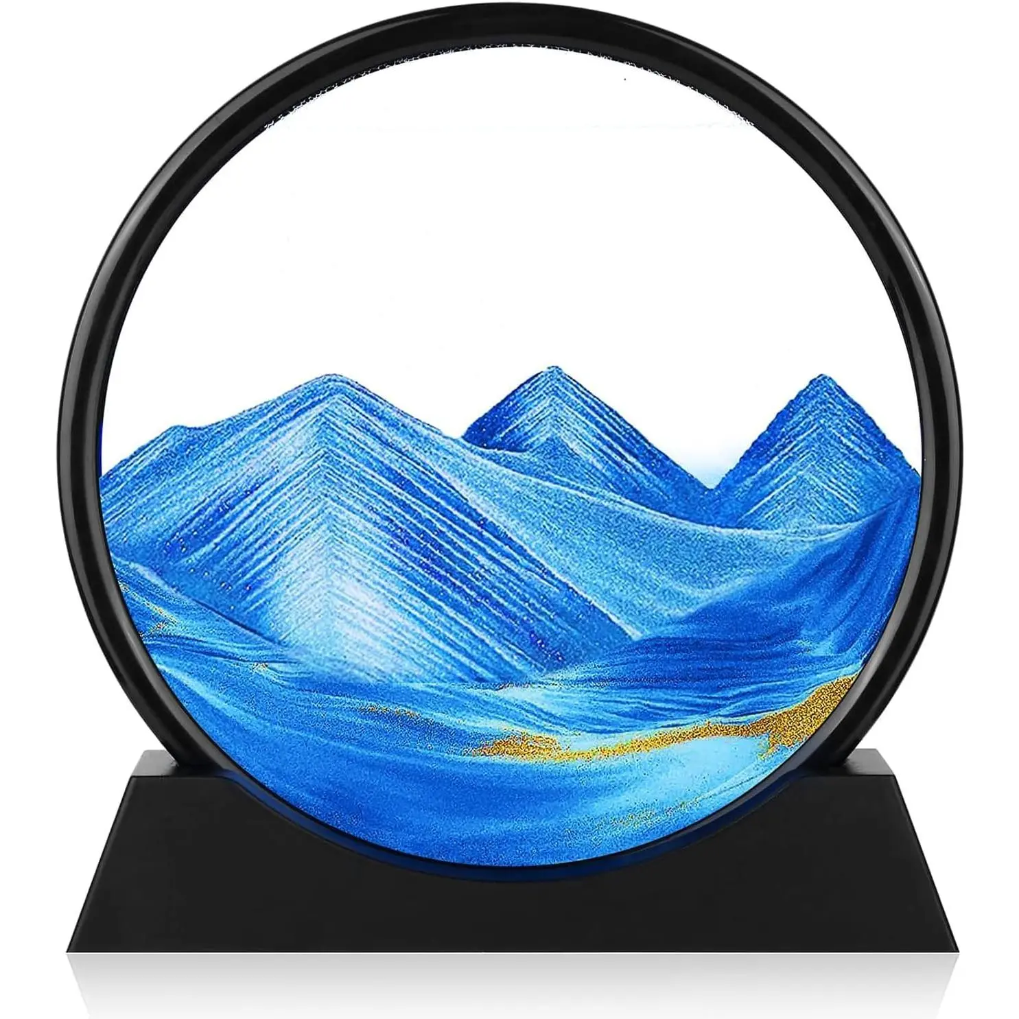 Moving Sand Art Picture - Round Glass 3D Deep Sea Sandscape - 3D Quicksand Painting Decor - Relaxing Home Decoration Desk Figurine for Office, Home, Desk, Mantle, Bookshelf - (Blue, 7 in)