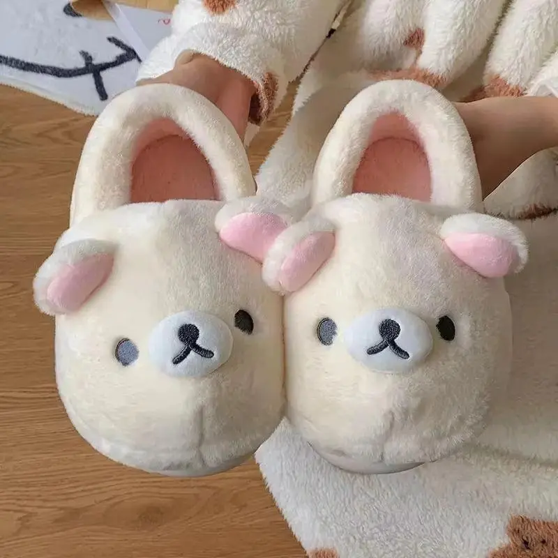 Kawaii Design Rilakkuma Bear Cotton Closed-Toe Flat Mules - Slip-On Home Footwear, Cute Winter Indoors Slippers for Couples