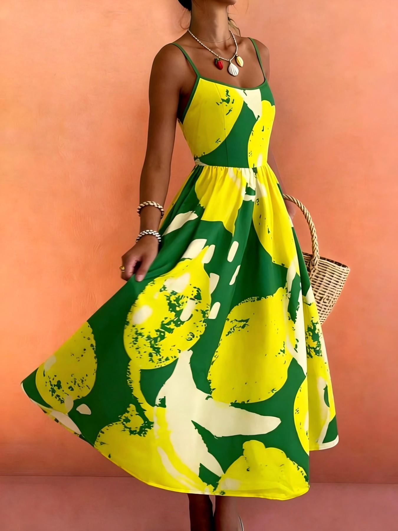 Women's Casual Resort Wear, Spaghetti Strap, Lemon and Banana Fruit Print, Pleated Back Design, Comfortable Beach Dress, Boho Beach Sundress, Boho Summer Clothes, Spring/summer Fashion, Bohemian Summer Dresses, Boho Fashion Dress