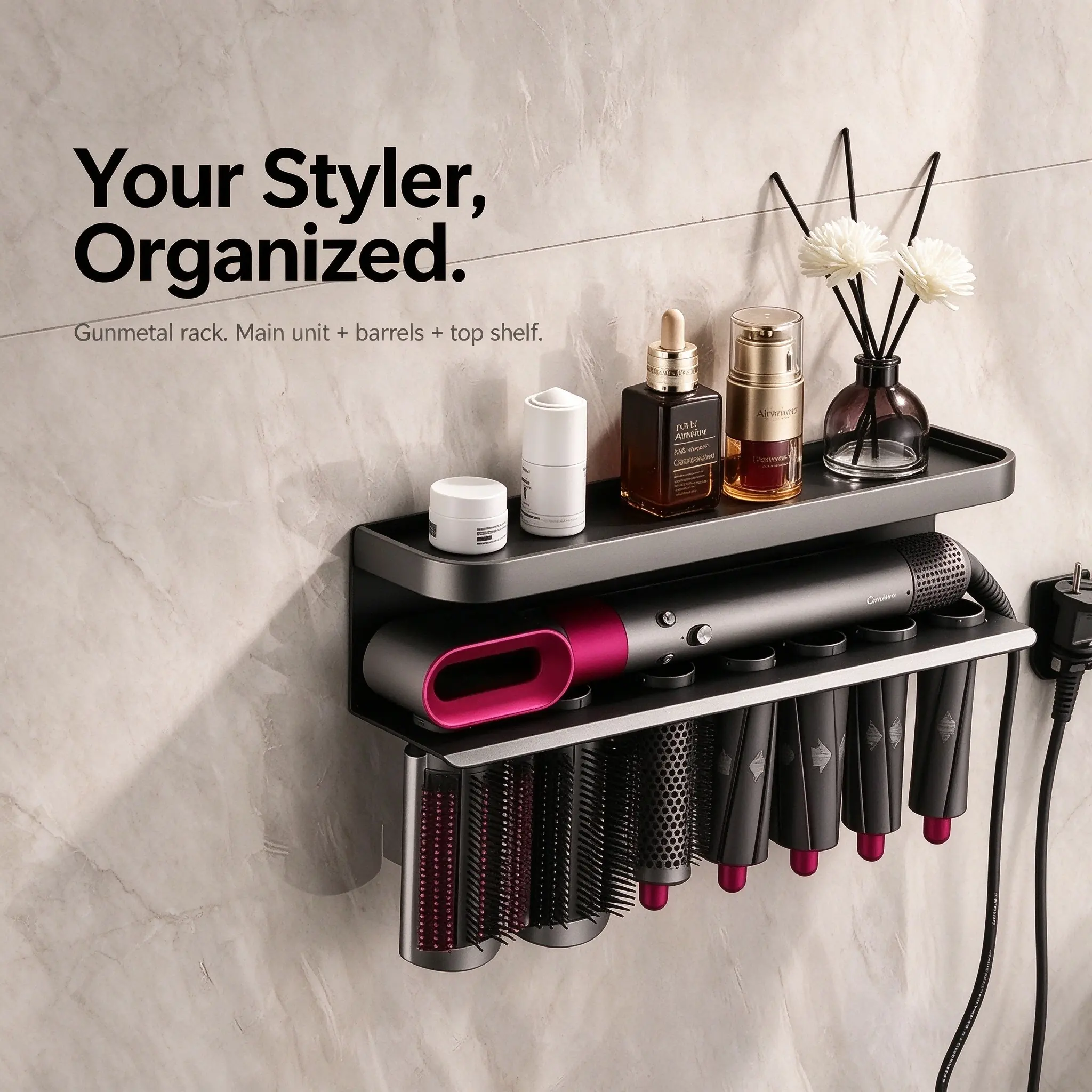 Multifunctional hair dryer holder, curling iron rack, no punching, hair dryer, hair styler, wall-mounted storage rack.