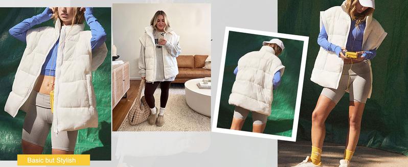 SCUSTY Women Winter Oversized Puffer Vest Insulated Padded Flysleeve Lightweight Stand Collar Puffy Jackets Coat with Pockets