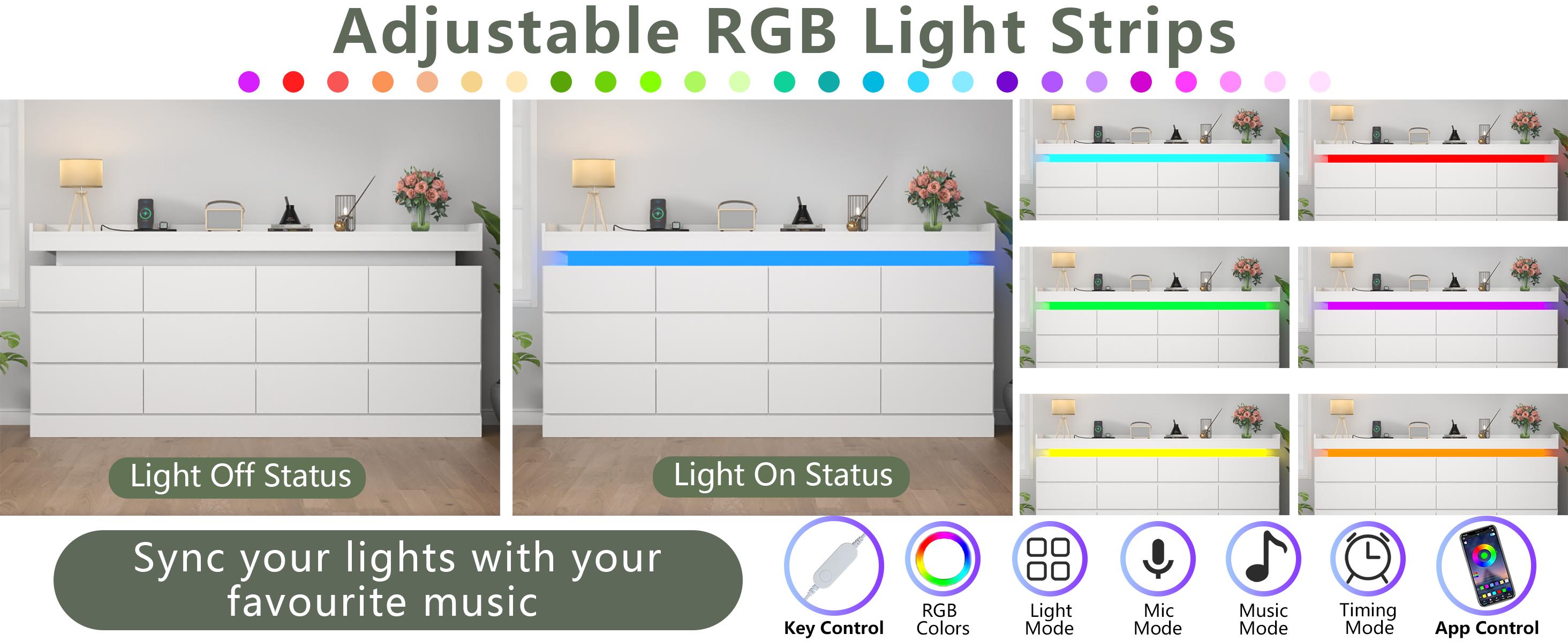 12 Drawer Dresser with Power Outlet, Dresser with LED Light, Modern Chest of Drawers for Closet, Double Wide Drawer Organizer Cabinet cicada  drawer nursery  dresser living room drawer