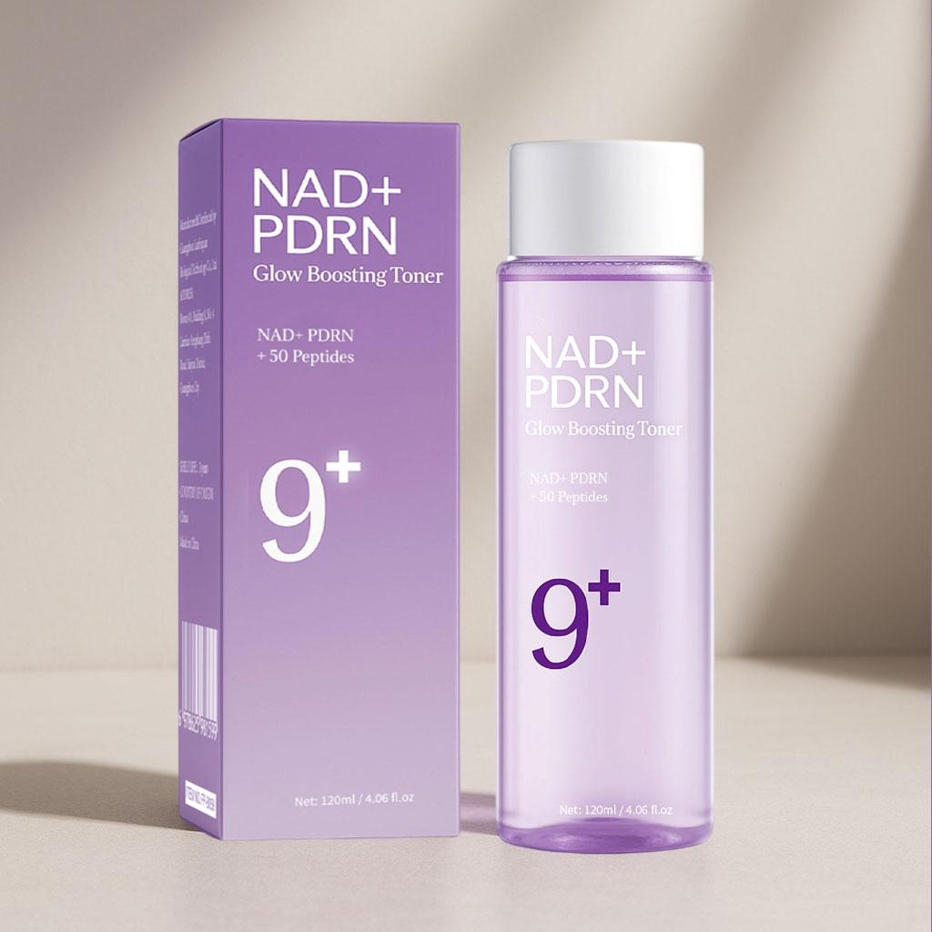 9+ NAD+ Salmon PDRN Glow Boosting Toner, NAD+PDRN+50 Peptides, Hydrating & Firming Toner for Wrinkles, Fine Lines & Dull Skin, Peptides & Salmon PDRN for Radiance, 4.06 fl.oz