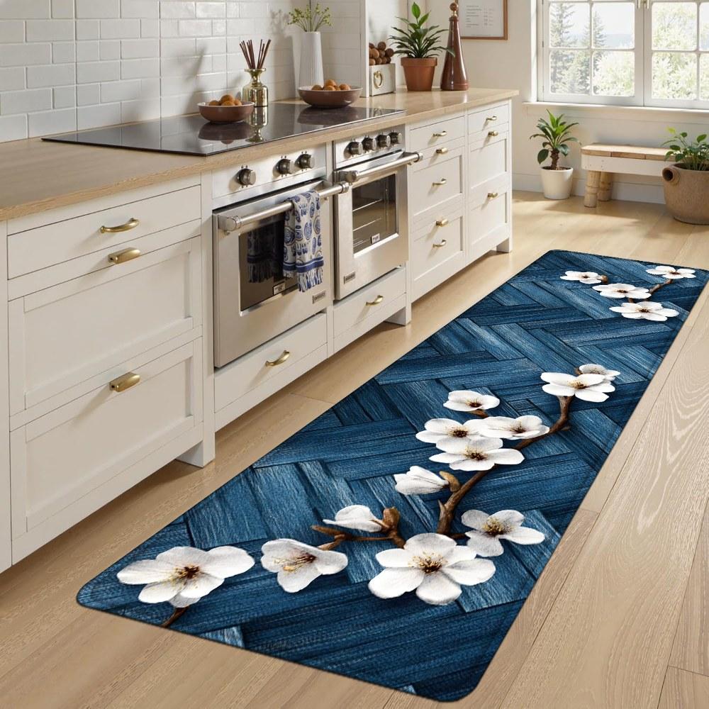 1PC， Blue and White Magnolia Branch Pattern strip rugs, home décor, bathroom mats, entryway mats, bathroom non-slip mats, indoor entrance rugs, bedroom bedside mats, kitchen mats, hallway rugs, flannel sponge rugs, hallway runner rugs