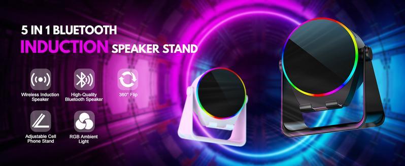 Lentorgi 4-in-1 Wireless Induction Bluetooth Speaker, Universal Speaker Stands For Surround Sound&Charger, 360° Rotating Base With LED Lights, Portable Desktop Base, Suitable For Home, Shower, Camping, And Holiday Gifts