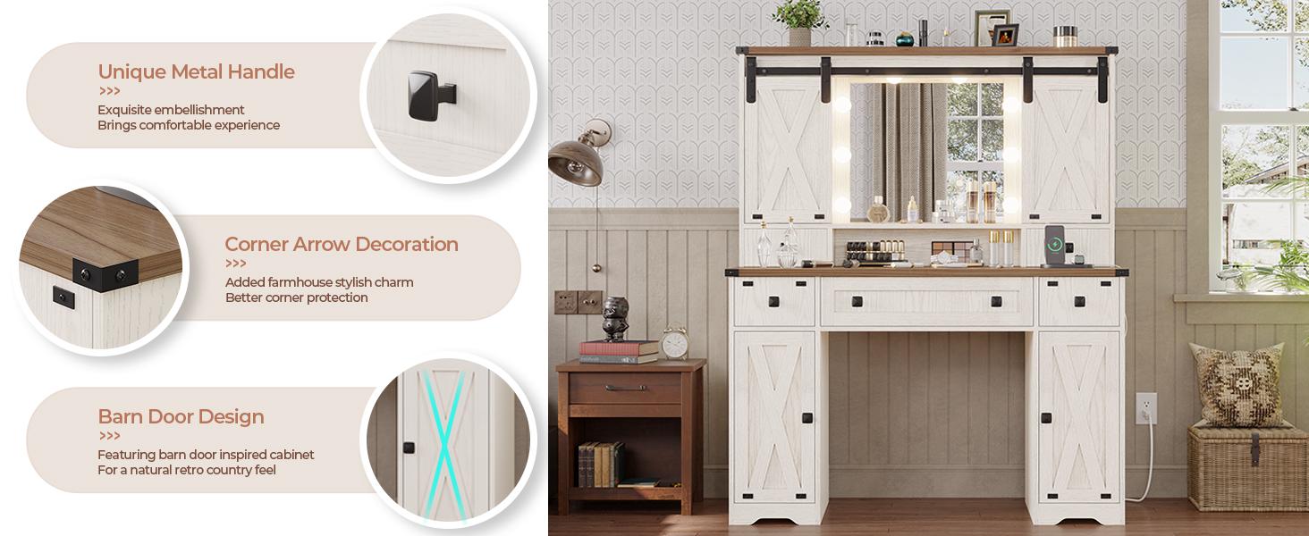 Sikaic Farmhouse Makeup Desk with Power Strips, Vanity Table with Sliding Barn Door and 5 Drawers, Dressing Table, White Furniture Organize Storage Bedroom
