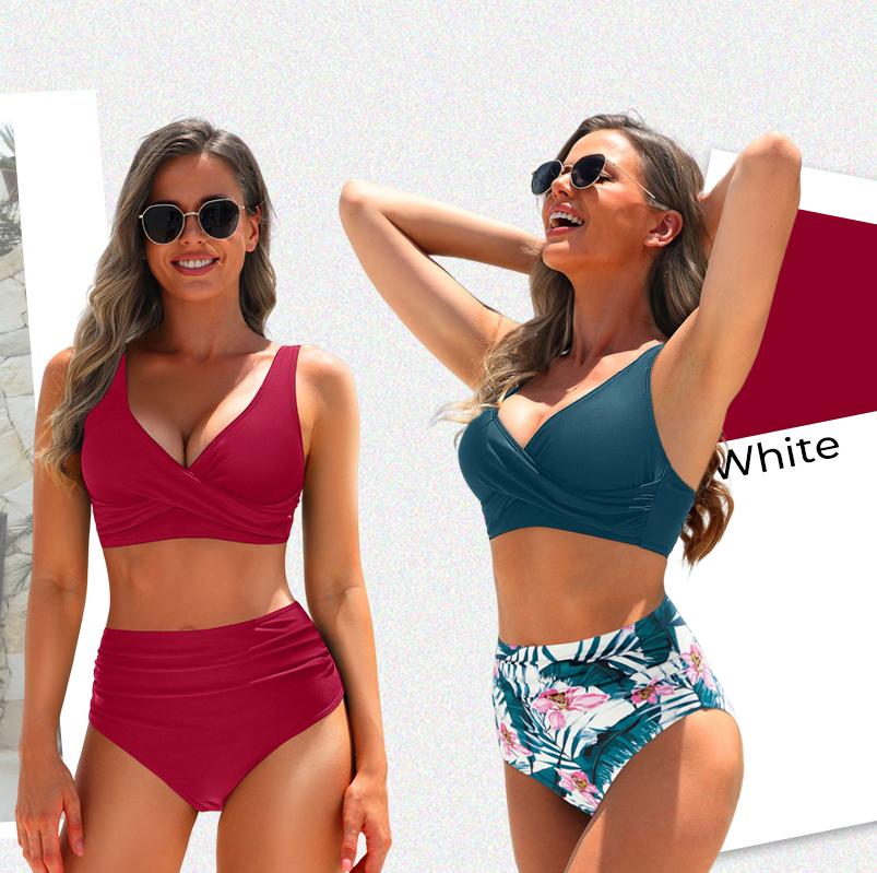 Yonique Women's Two Piece High Waisted Bikini Set Tummy Control Swimsuit Full Coverage Bathing Suit Criss Cross Bikini Top Twist Front Bikini Top with Ruched Bikini Bottoms