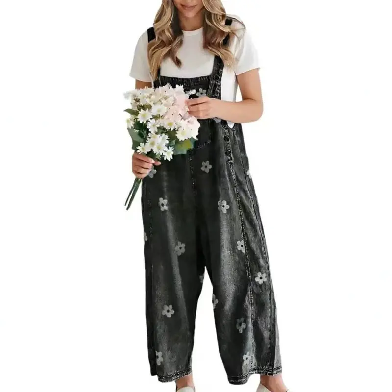 2026 New Floral Print Wide-Leg Pants with Loose Fit and Casual Vintage Denim Overalls