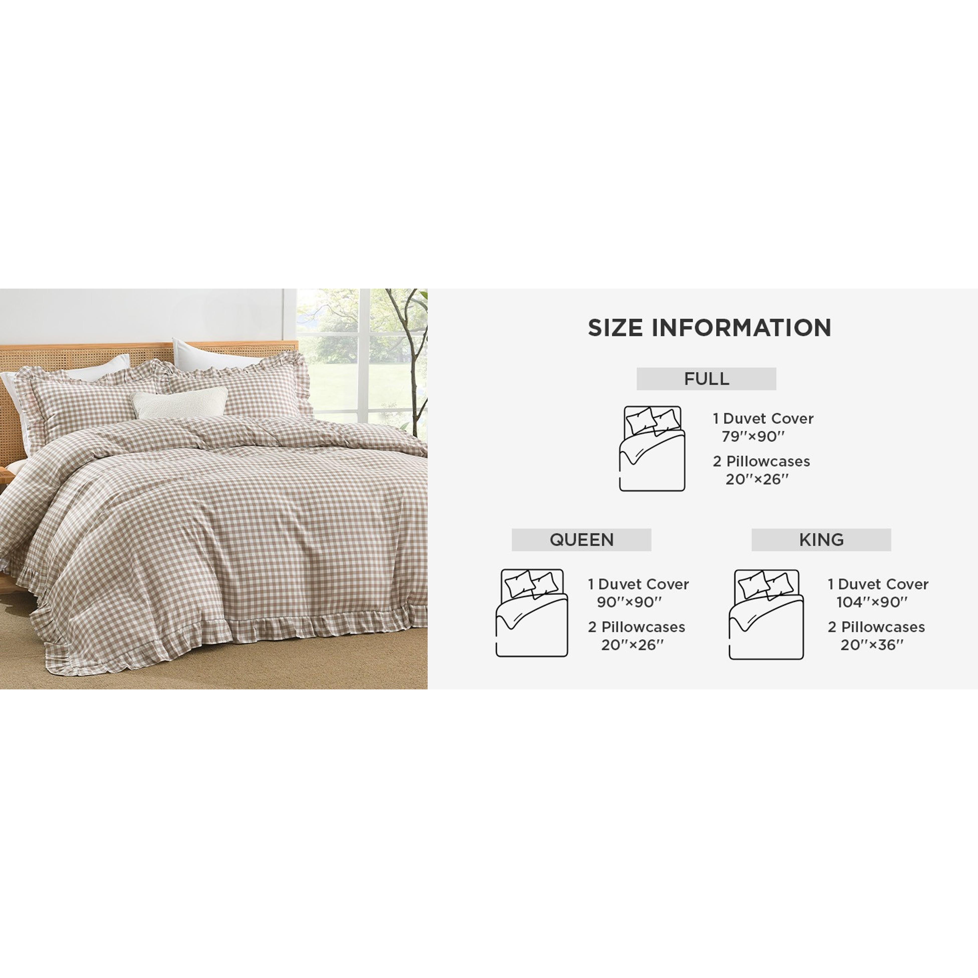 King Size Tan Gingham Duvet Cover Set, 3-Piece Ruffle Shabby Chic Farmhouse Bedding - Pre-Washed Soft Polyester Comforter Cover with Zipper Closure, Corner Ties, 104x90In