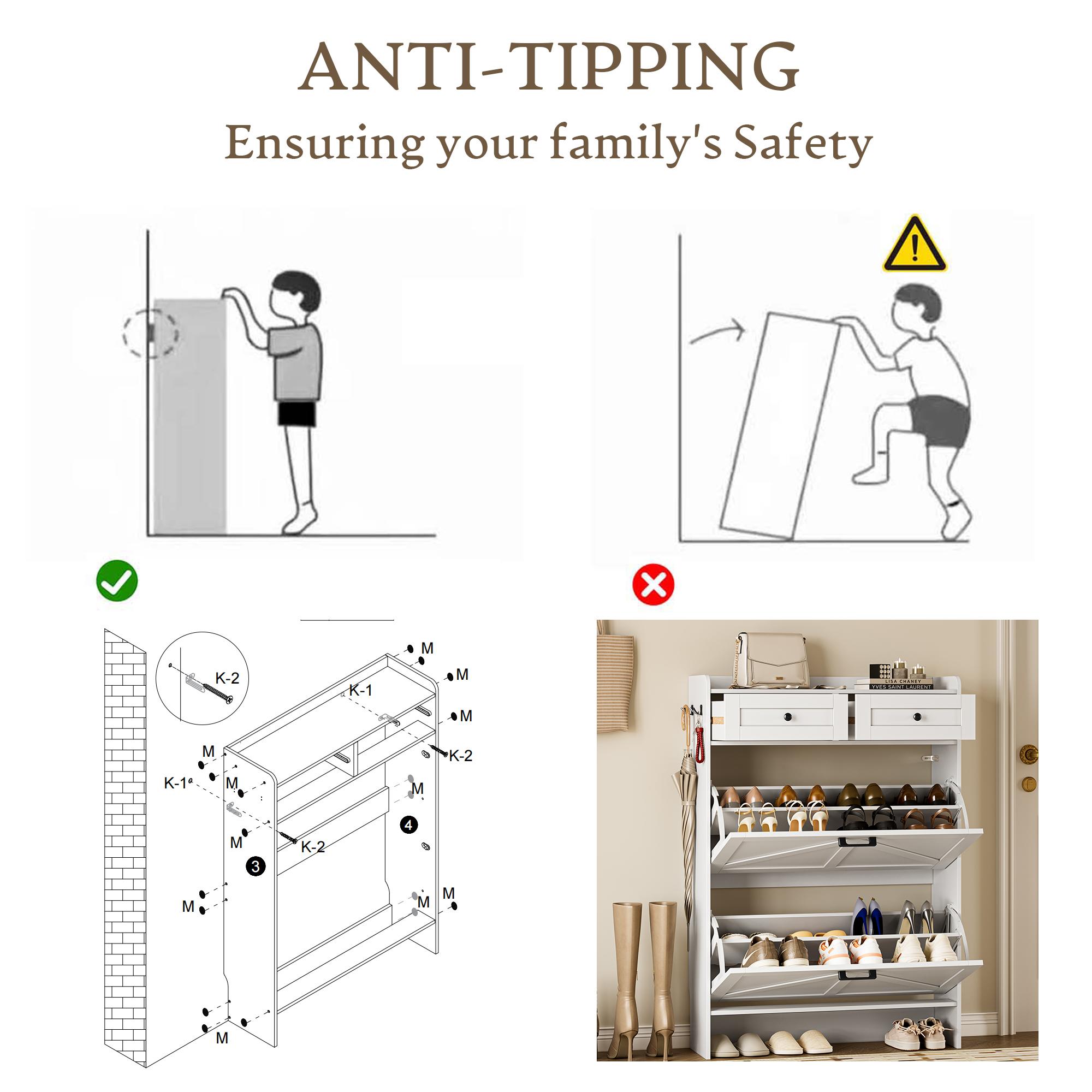 Shoe Storage Cabinet for Entryway, Farmhouse Narrow Shoe Cabinet with 2 Flip Drawers & Top Drawers, Adjustable Shelves & Hooks, Freestanding Hidden Rack Organizer for Hallway, Foyer