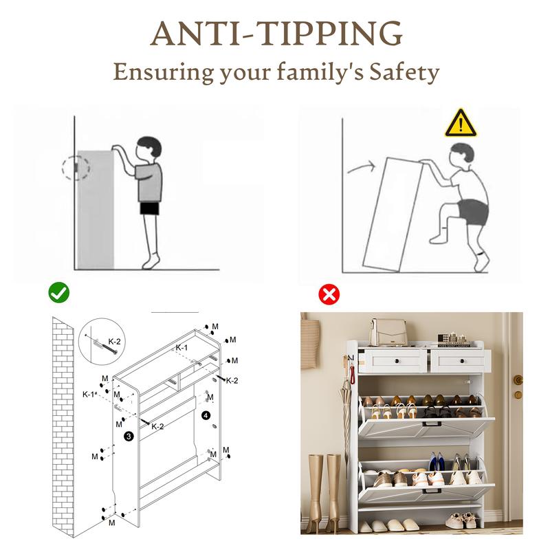 Shoe Storage Cabinet for Entryway, Farmhouse Narrow Shoe Cabinet with 2 Flip Drawers & Top Drawers, Adjustable Shelves & Hooks, Freestanding Hidden Rack Organizer for Hallway, Foyer