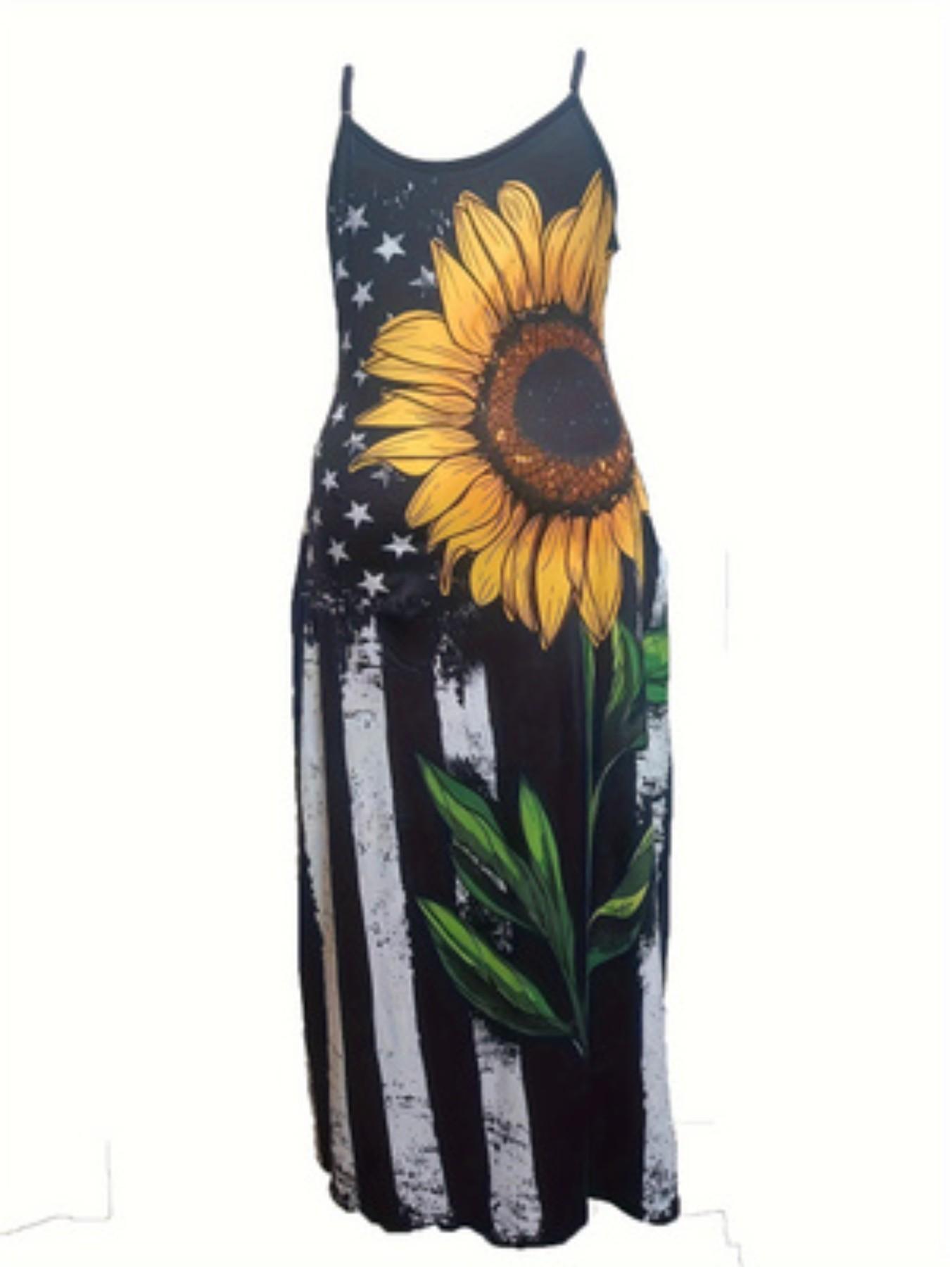 Summer Bestseller Sunflower Star Flag Print Halter Long Dress, Vacation Style Slimming Dress, Casual Fitted Random Print Dress