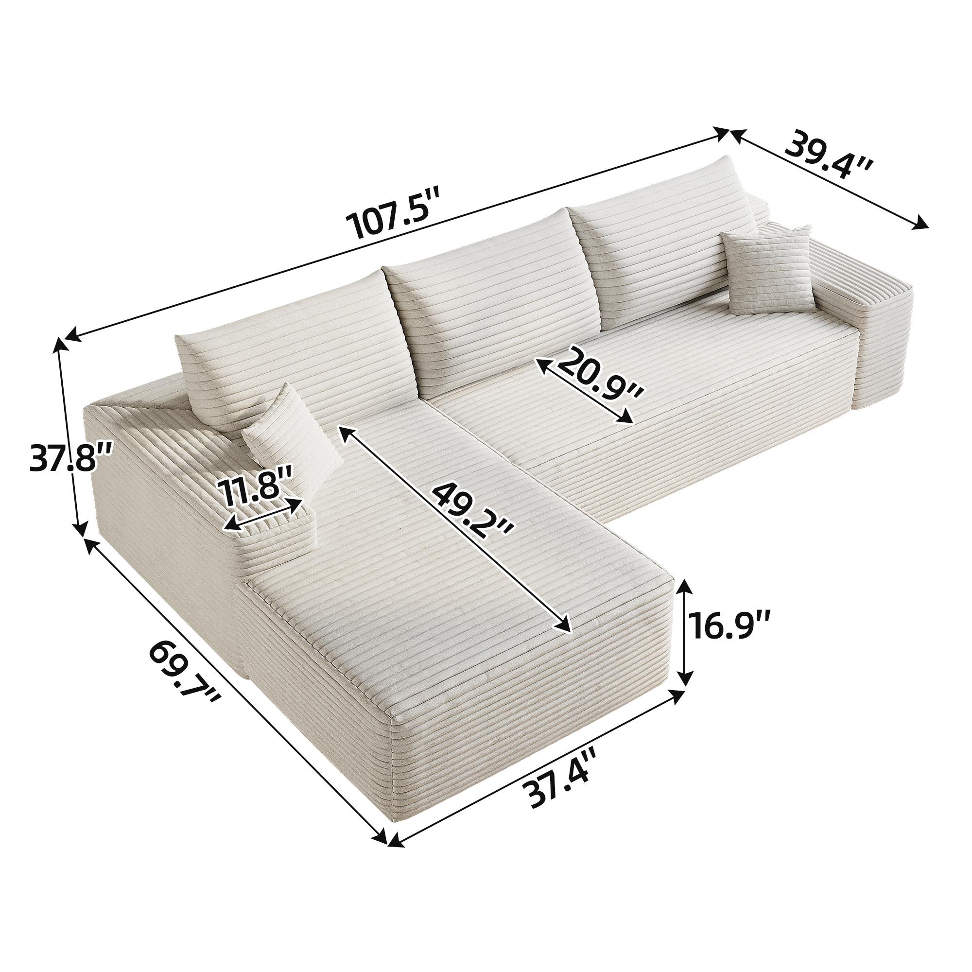 107" Cloud Sectional Couch with L-Shape Chaise,Modern Modular Sofa with Deep Seat, Upholstered Couches for Living Room Bedroom,No Assembly Required, (Plush Corduroy Fabric),White