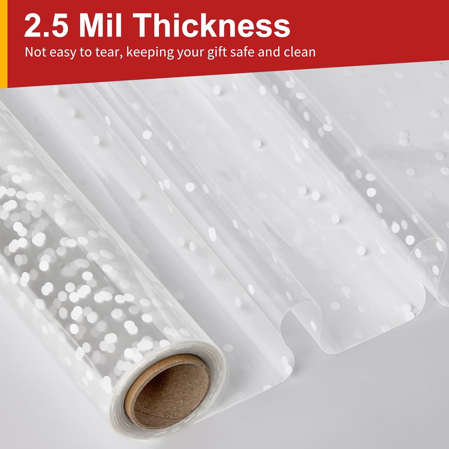 34 In x 100 Ft Mother's Day Clear Cellophane Wrap Roll, Extra Wide, 2.5 Mil Thick Transparent Wrapping Paper with White Dots for Baskets, Flower Bouquets (34" Fold into 17") 34 In x 100 Ft Mother's Day Clear Cellophane Wrap Roll, Extra Wide, 2.5 Mil Thick Transparent Wrapping Paper with White Dots for Baskets, Flower Bouquets (34" Fold into 17")