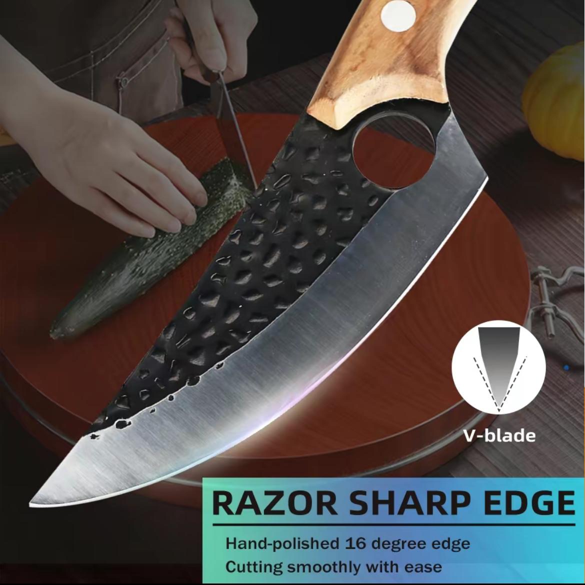 Viking Knife Hand Forged with Sheath KnifeSharpener High Carbon Steel Meat Knife forCamping, Outdoor, Deboning, BBQ, Best Gift Home Black Cutting Heavy Duty