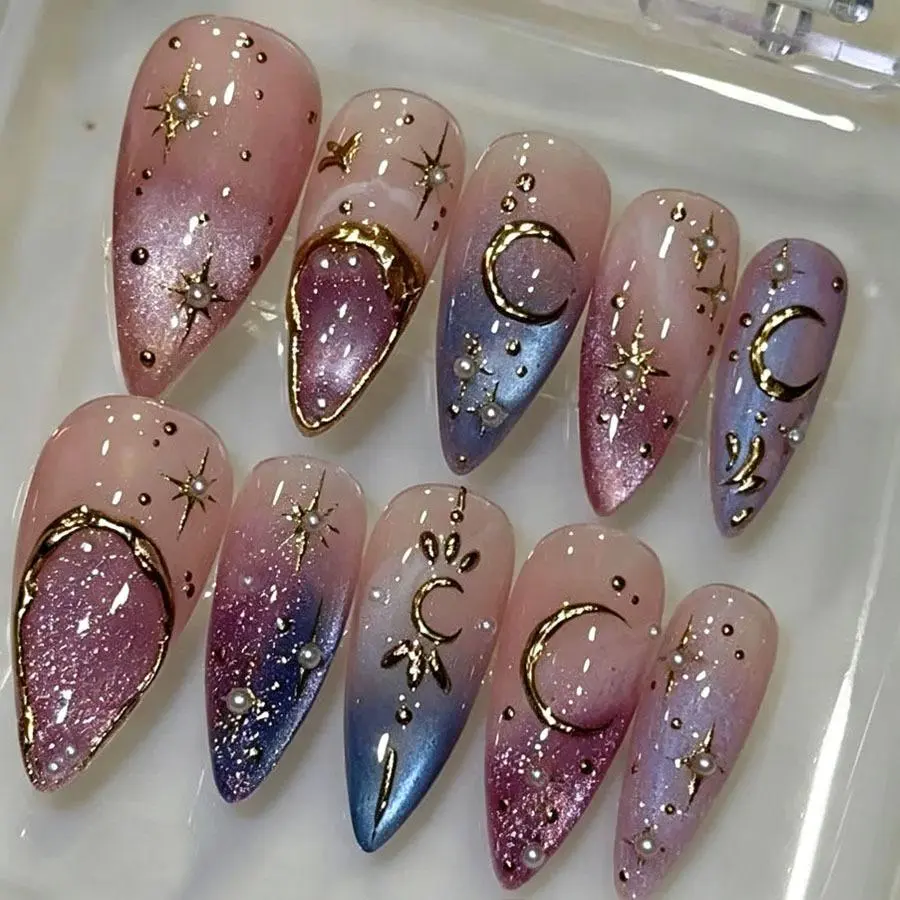 30PCS Press on Nail Sets, Celestial Cat Eye Ombre 3D Gold Moon Star Pearl Non-Toxic Reusable Supplies w/ Prep Kit, Jelly Glue, Nail File for Daily & Party Use, Nail Supplies