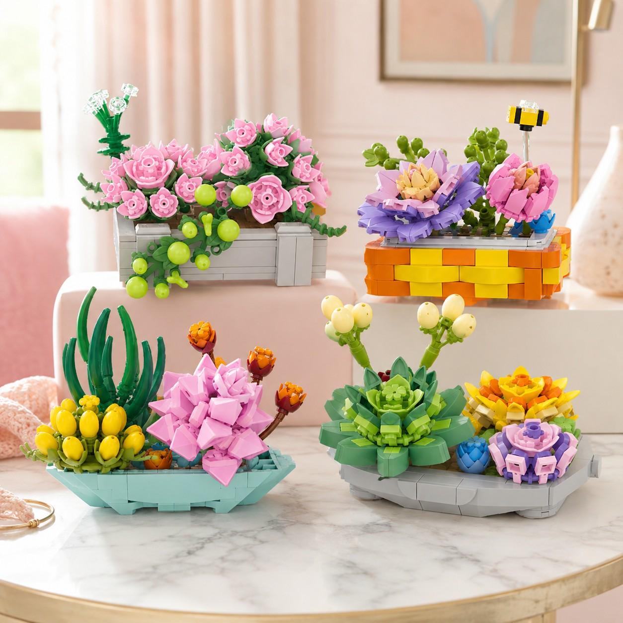 4 PC Micro Building Blocks Succulent Collection, Building Block Flowers, Floral Display Style, Four Decorative Plant Designs with Vivid Colors and Mini Pieces, Relaxing DIY Toy for Home Office Shelf Decor, Christmas Gift, Collectible Model