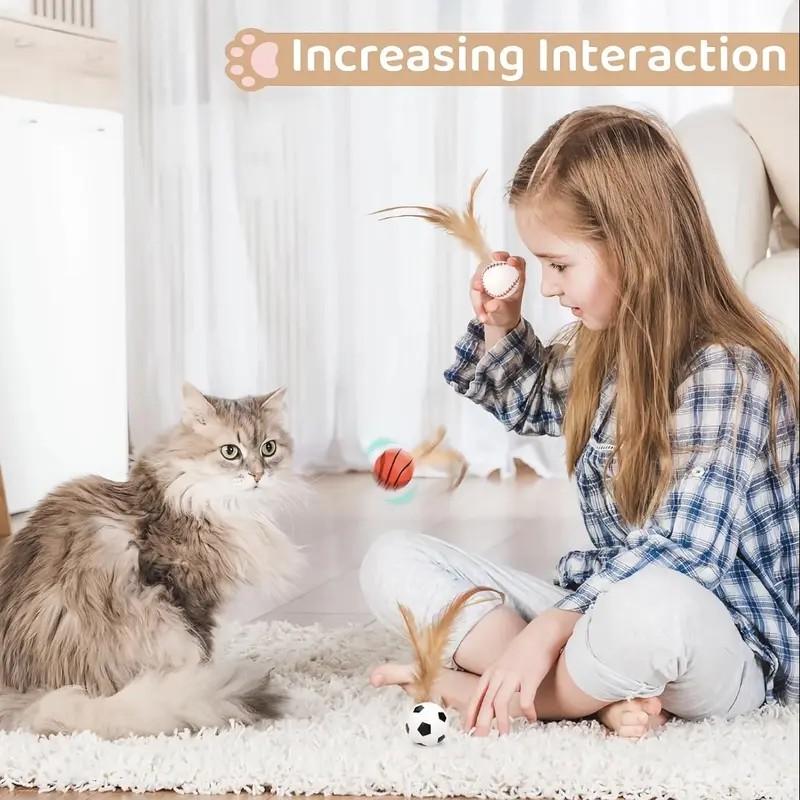 Interactive Cat Toys Set, New Elastic Ball with Feather Tail, Soccer Basketball Baseball Shapes, Indoor Chase Game, Essential Cat Toy