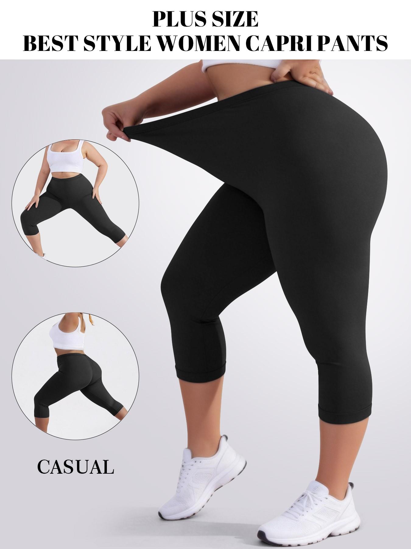 Plus Size Women's 3/4 Leggings, Stretchy Design, Soft Fabric, Suitable for Summer Wear, Solid Color Style for Comfort and Style