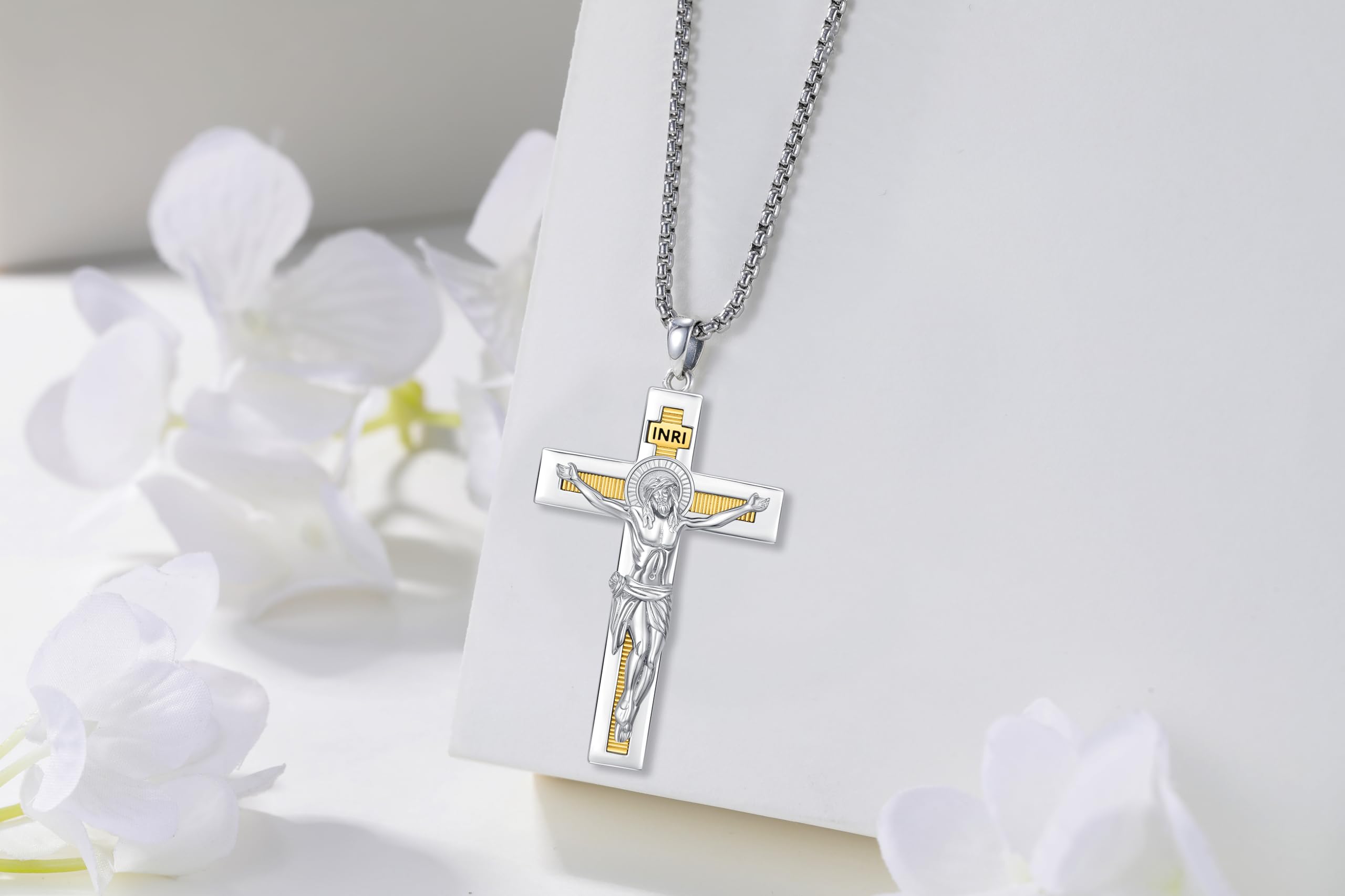 DRINSPER S925 Jesus Crucifix Necklace for Men Women 925 Sterling Silver Jesus Cross Necklace