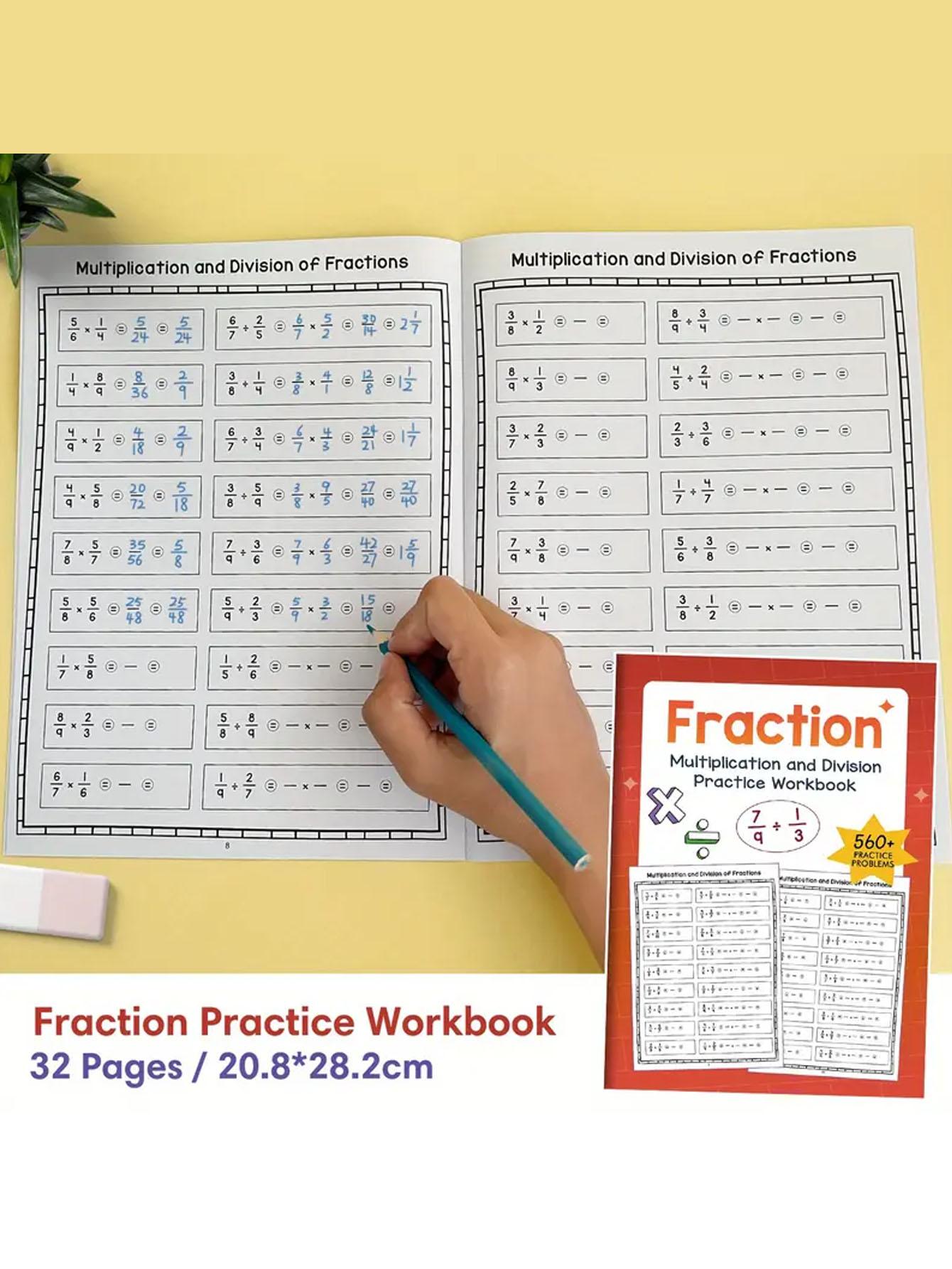 Elementary Math Workbook Set, Focuses on Basic Fraction Calculations, Includes Guided Addition Subtraction Multiplication Division Practice, Math Worksheets, Math Exercises