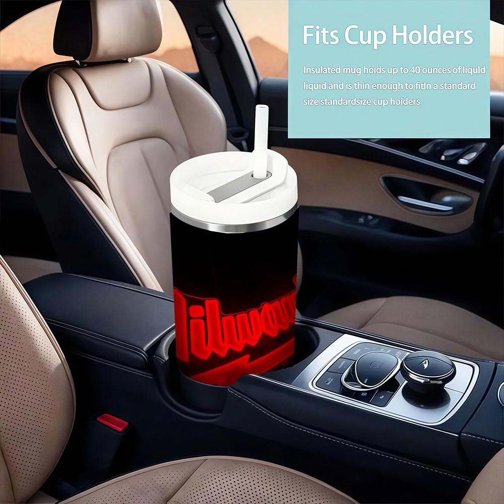 1pc 40oz Milwaukee Neon Style Thermos Cup, Reusable 2026 New Arrival with Straw & Lid, Perfect Gift for Office, Hot Drinks & All Occasions