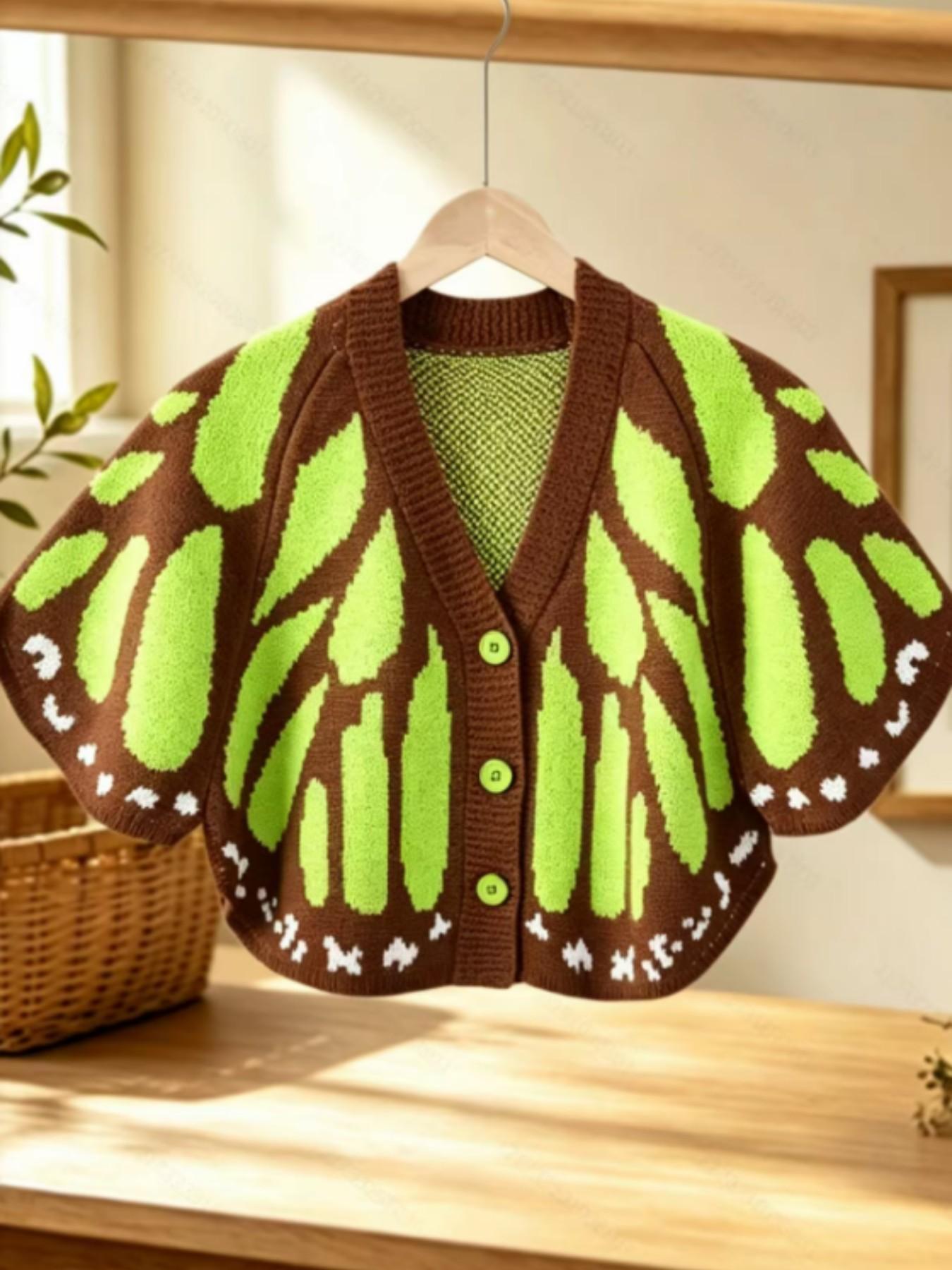 Women's Butterfly Wings Knit Cardigan, Autumn V-Neck Button Fashion Casual Style Sweater, Stylish and Comfortable Outerwear for Daily Wear