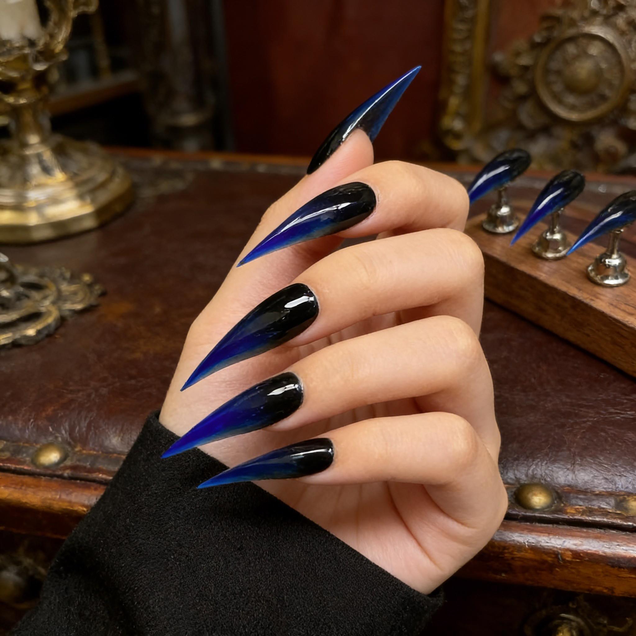 Handmade False Nails, Acrylic False Nails, Cat Claw Shape, Blue Gradient, Glossy Finish, Long Nails, Versatile Nail Art Stickers, Single Item Pack