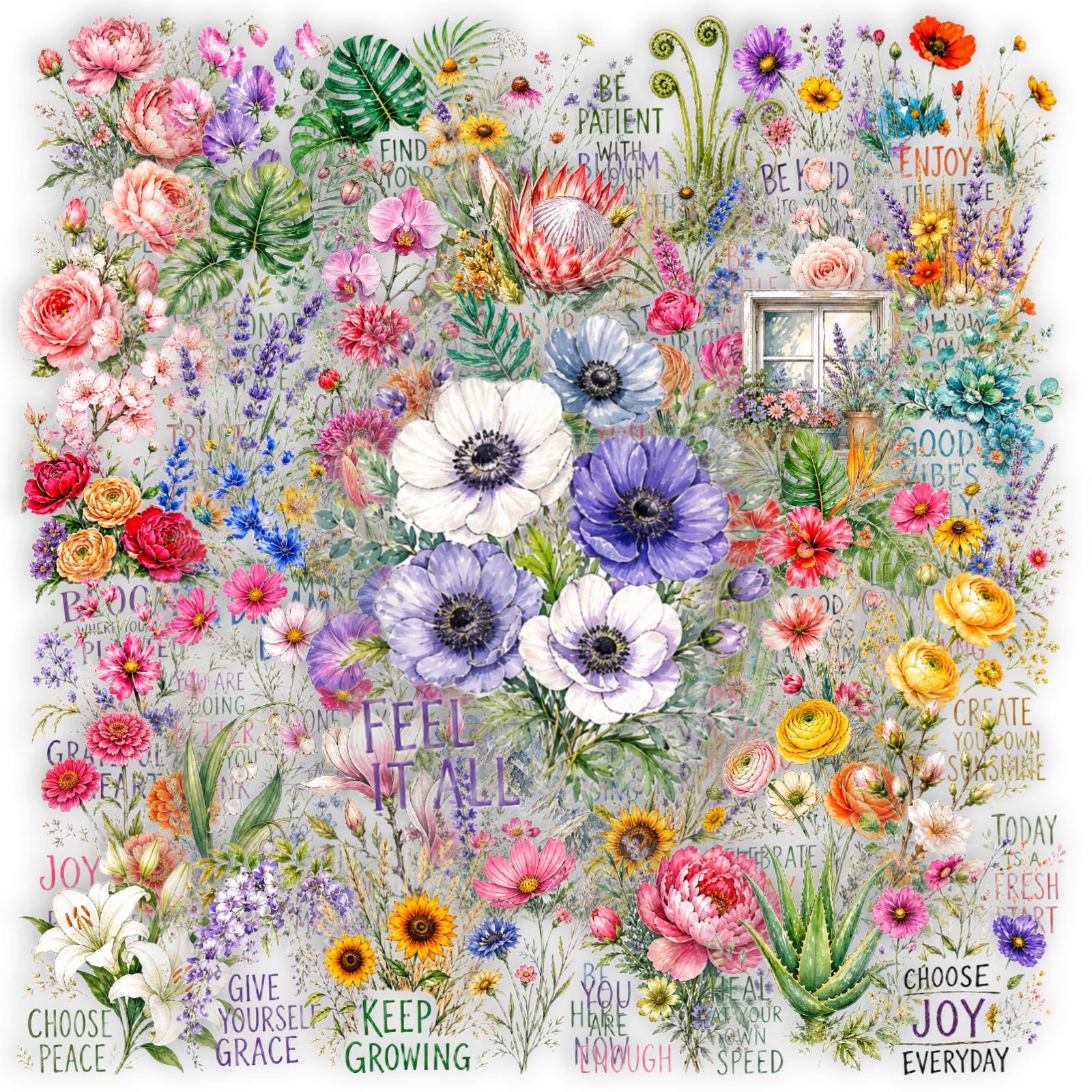 50Pcs Clear PET Watercolor Floral Positive Quote Stickers, Aesthetic Transparent Decorative Stickers, Planner Accessories, Office Products, Back To School Stationery for Journal Scrapbook Notebook