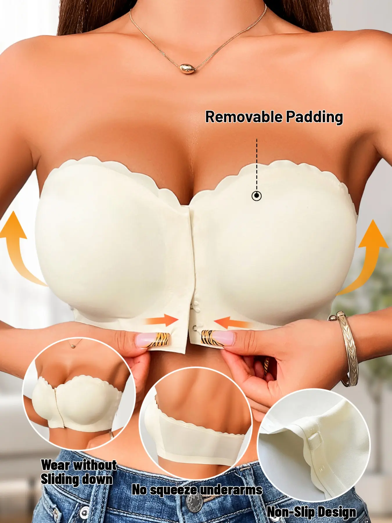 Front Closure Strapless Bra, Seamless Wireless Non Slip Bandeau, Removable Padding For Dress