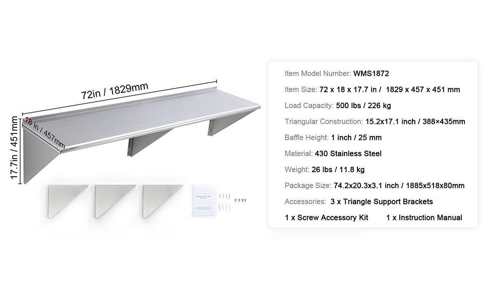 VEVOR 18x 72 Stainless Steel Shelf, Wall Mounted Floating Shelving with Brackets, 500 lbs Load Capacity Commercial Shelves, Heavy Duty Storage Rack for Restaurant, Kitchen, Bar, Home, and Hotel