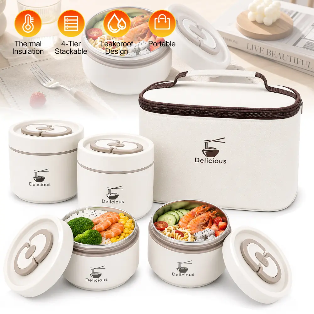 Stainless Steel Bento Box Lunch Boxes 4-Piece Stackable Set - 2 Large 750ml, 2 Small 550ml High Capacity Airtight Reusable Containers with Leakproof Silicone Lids, Insulated Bag for Work/School