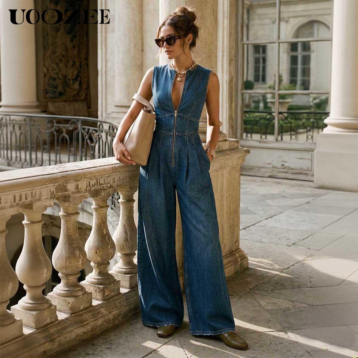 UOOZEE Women's New Summer Vintage Sleeveless Denim Wide Leg Jumpsuit, High Waist Front Zip Denim Overalls with Pockets, Zip Front Casual Jumpsuit for Tall Women(One Size Up Recommended for C - Cup and Above),summervibes