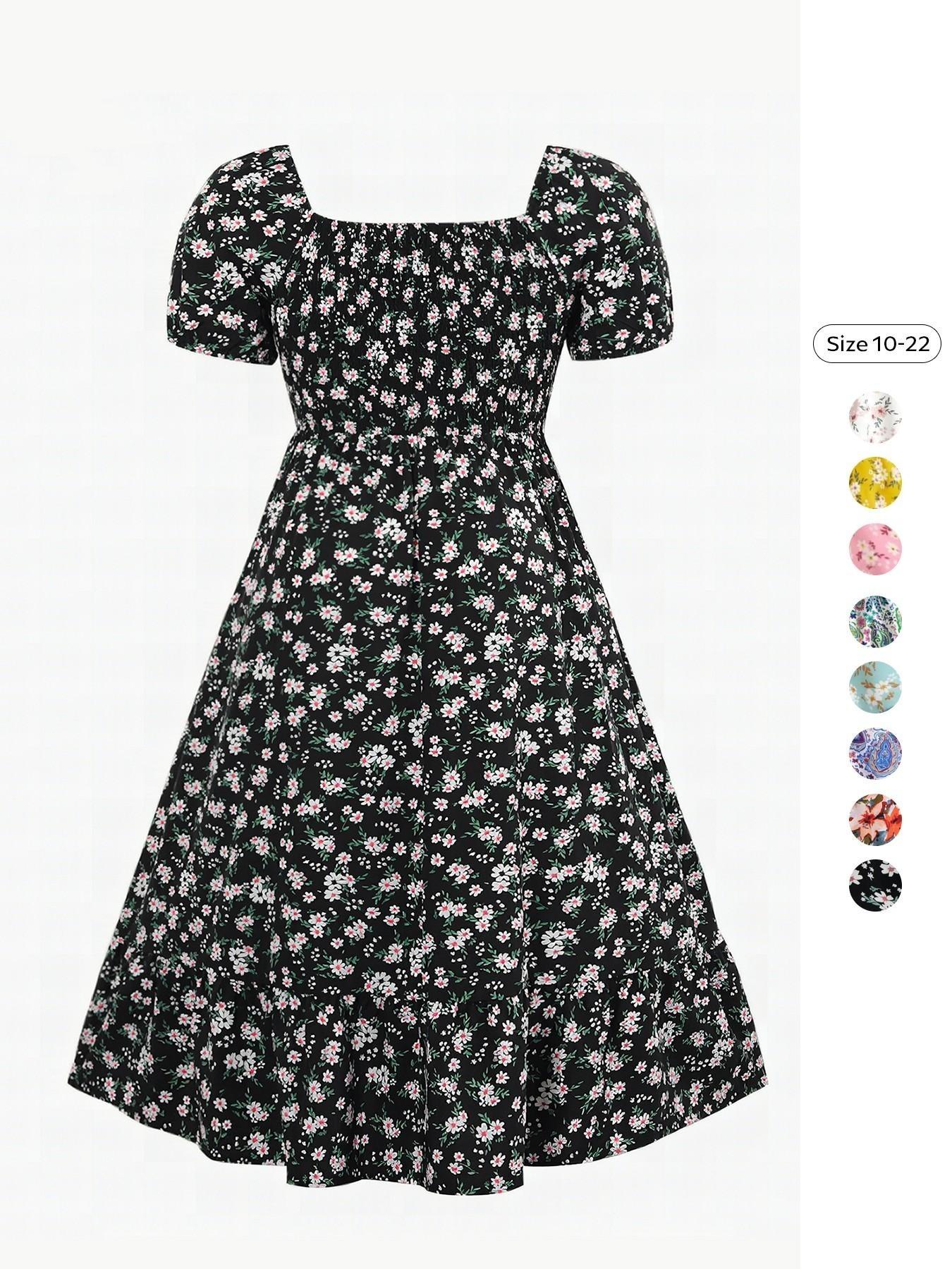 Women's Airy Elegant Chic Aesthetic Boho Style Allover Floral Print Scoop Neck Short Sleeve Pleated Maxi Dress for Summer