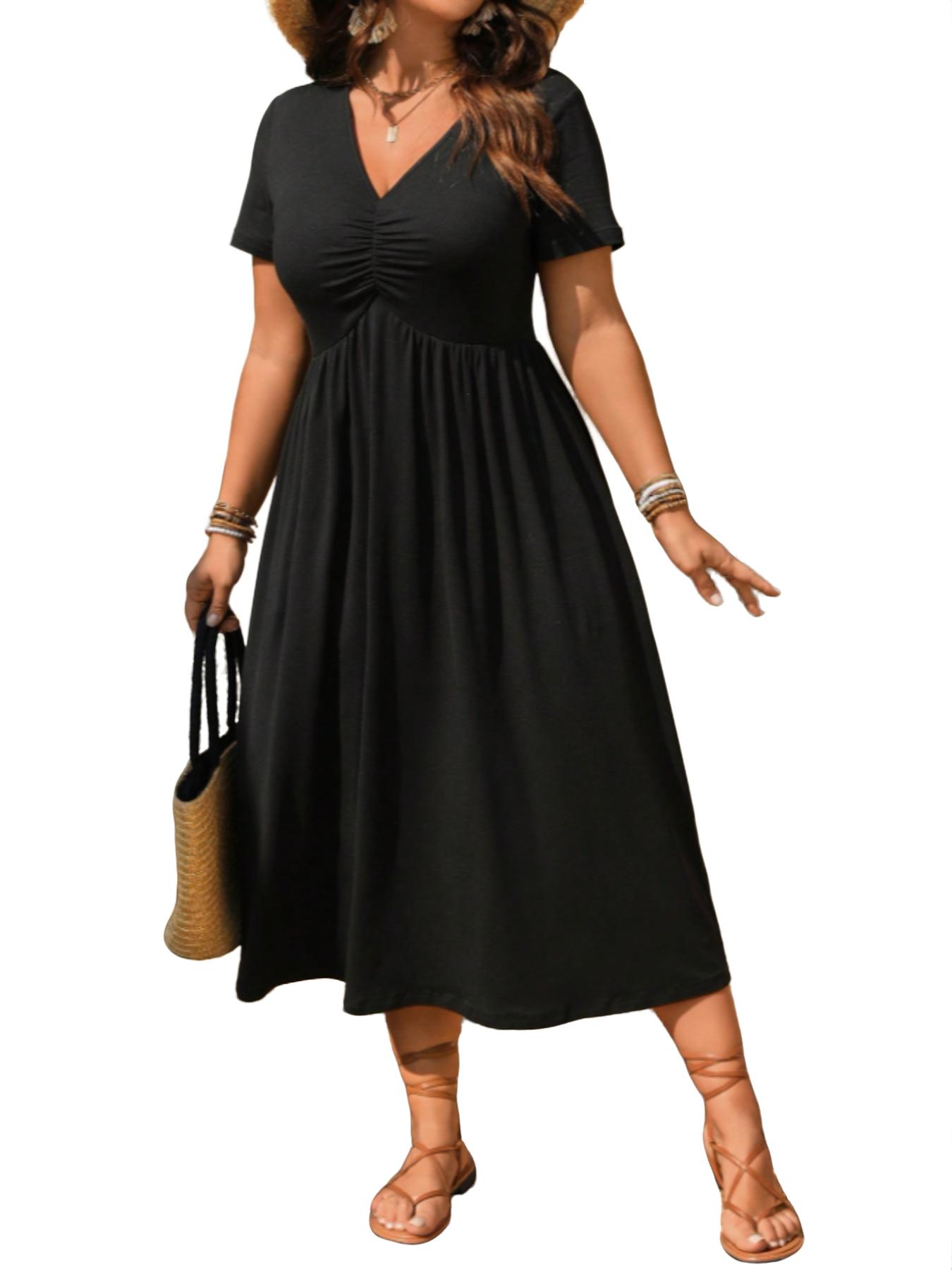 Plus Size V-Neck Ruched Fitted Bra Top Short Sleeve Midi Dress, Casual Summer Flowy A-Line Skirt, Women's Fashion Clothing