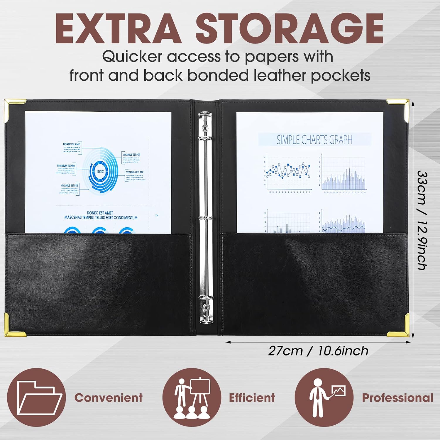 2 count 3 Ring Leather Binder Notebook  Professional Binder Hardback Letter Size 8.5 x 11 Documents Round Rings Holds 200 Sheets with 2 Inner Pockets(0.5 Inch,Black)