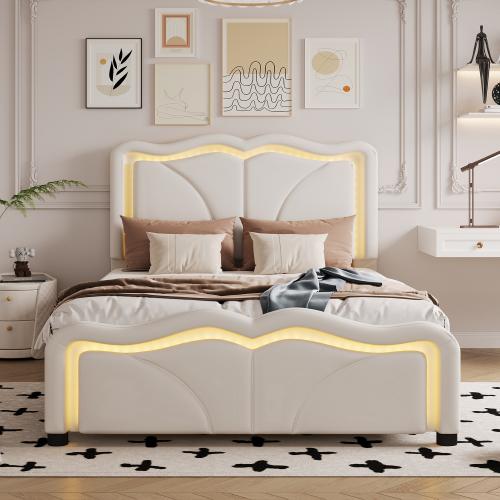 【Bellemave】Twin/Full Size Upholstered Platform Bed with Curve Shaped and Height-adjustbale Headboard,LED Light Strips