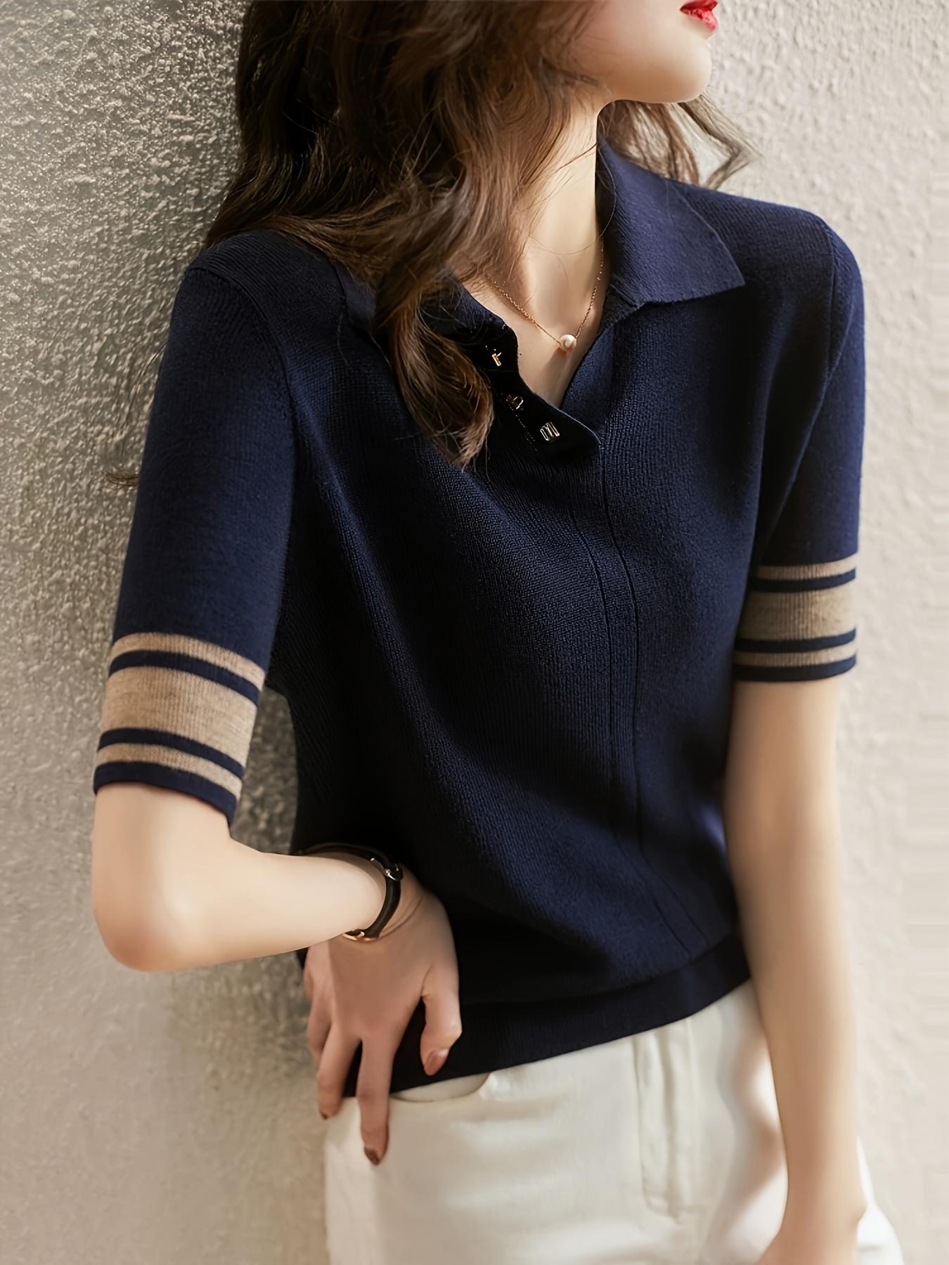 New Fine Knit Polo Shirt T-Shirt for Women, Spring & Fall Versatile Stylish Fitted Knitted Aesthetic Short Sleeve Bottom Layer Top, Casual Fashion