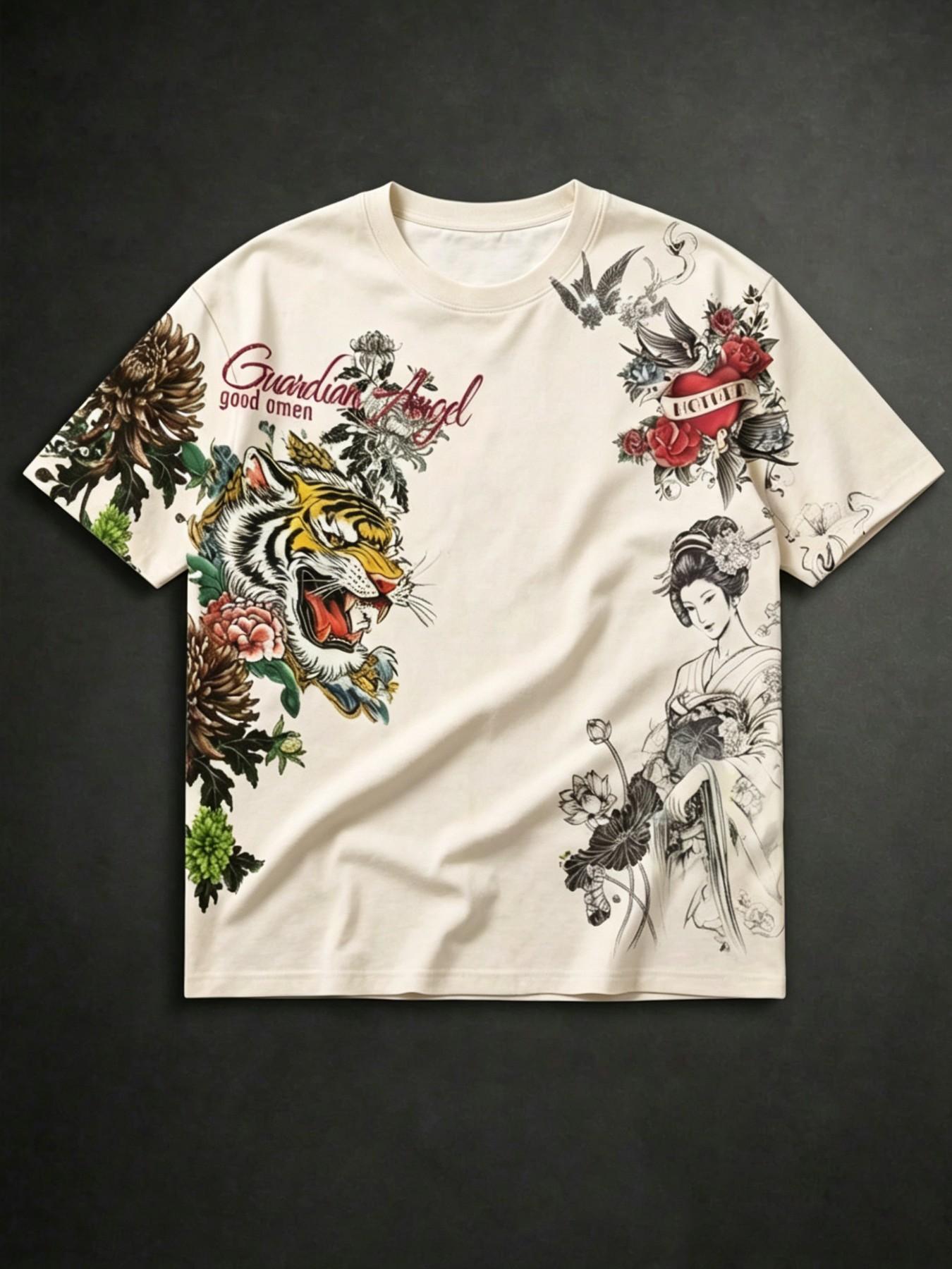 Viral Japanese tattoo style tiger pattern T-shirt, Oriental Spirit Y2K streetwear, retro aesthetic T-shirt with geisha and floral prints, perfect for streetwear and casual wear # streetwear # patterned T-shirt # Japanese tattoo # Oriental Spirit